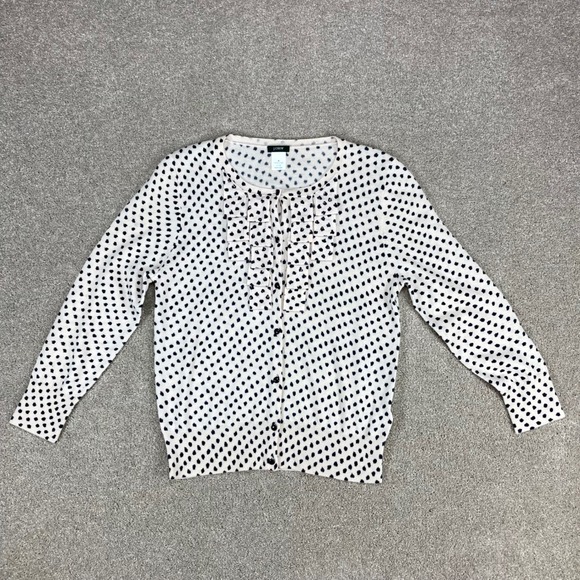 J. Crew Womens Sweater Medium Cream Black Polka Dot Merino Wool Cardigan - Picture 2 of 11